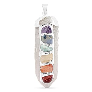 Crystal and Multi Gemstone 105.00 ctw Point Chakra Pendant in Silvertone with Stainless Steel Necklace (20 Inches)