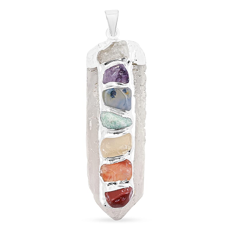 Crystal and Multi Gemstone 105.00 ctw Point Chakra Pendant in Silvertone with Stainless Steel Necklace (20 Inches)