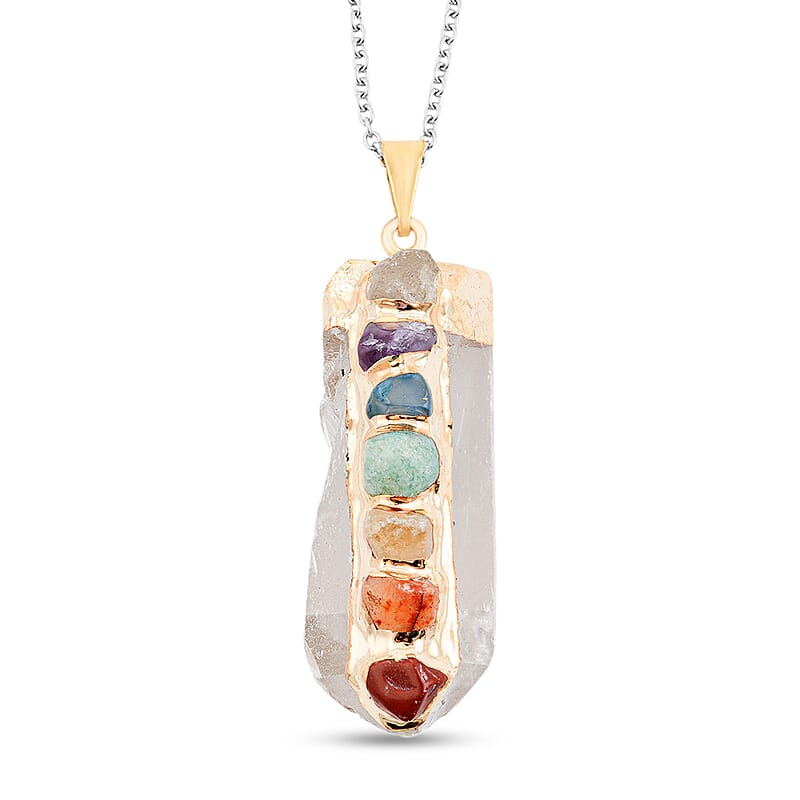 Crystal and Multi Gemstone 105.00 ctw Point Chakra Pendant in Goldtone with Stainless Steel Necklace (20 Inches)