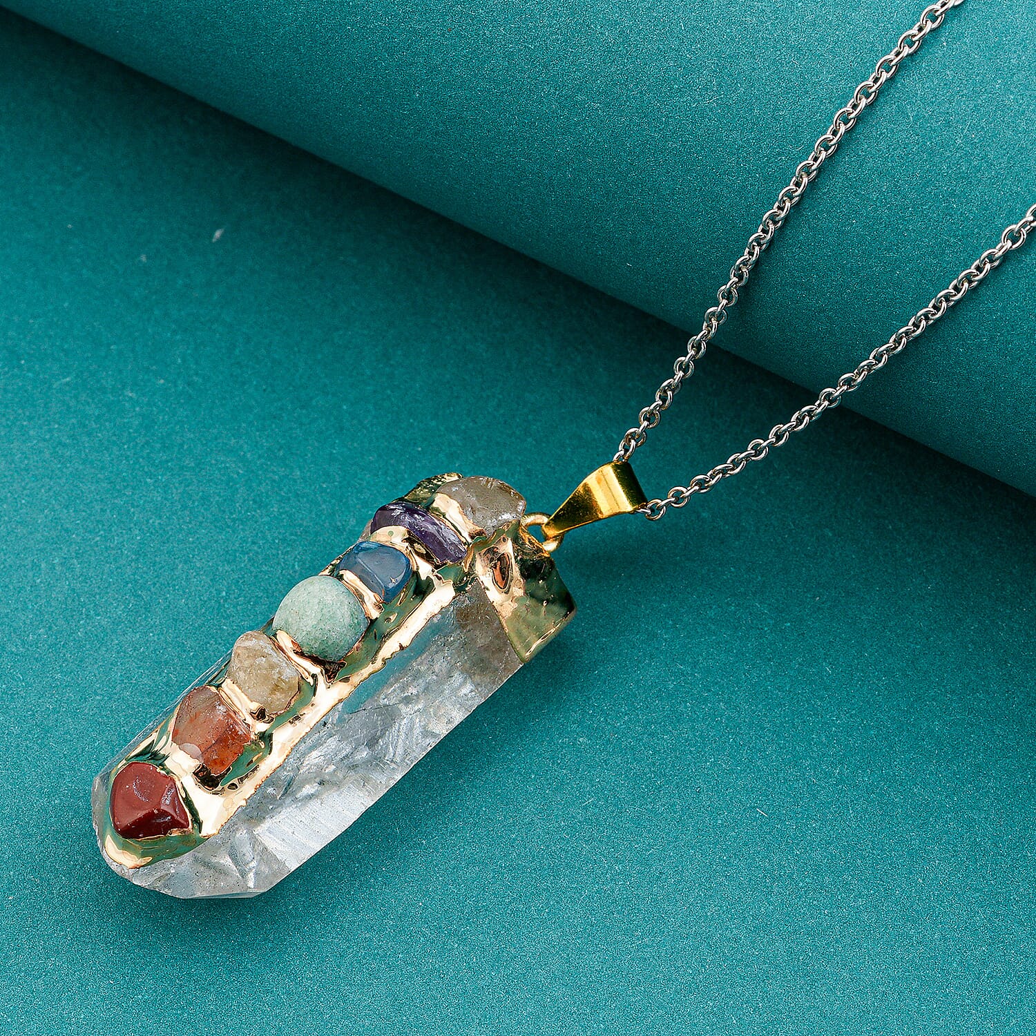 Crystal and Multi Gemstone 105.00 ctw Point Chakra Pendant in Goldtone with Stainless Steel Necklace (20 Inches)