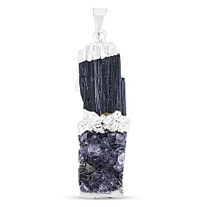 Black Tourmaline and Amethyst 28.00 ctw Drusy Pendant in Silvertone with Stainless Steel Necklace (20 Inches)