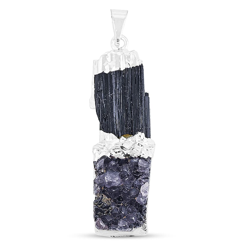 Black Tourmaline and Amethyst 28.00 ctw Drusy Pendant in Silvertone with Stainless Steel Necklace (20 Inches)