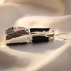 Black Tourmaline and Amethyst 28.00 ctw Drusy Pendant in Silvertone with Stainless Steel Necklace (20 Inches)