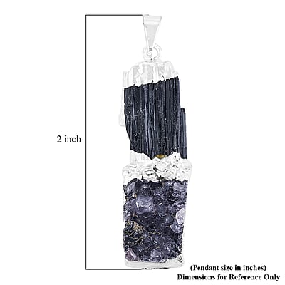 Black Tourmaline and Amethyst 28.00 ctw Drusy Pendant in Silvertone with Stainless Steel Necklace (20 Inches)