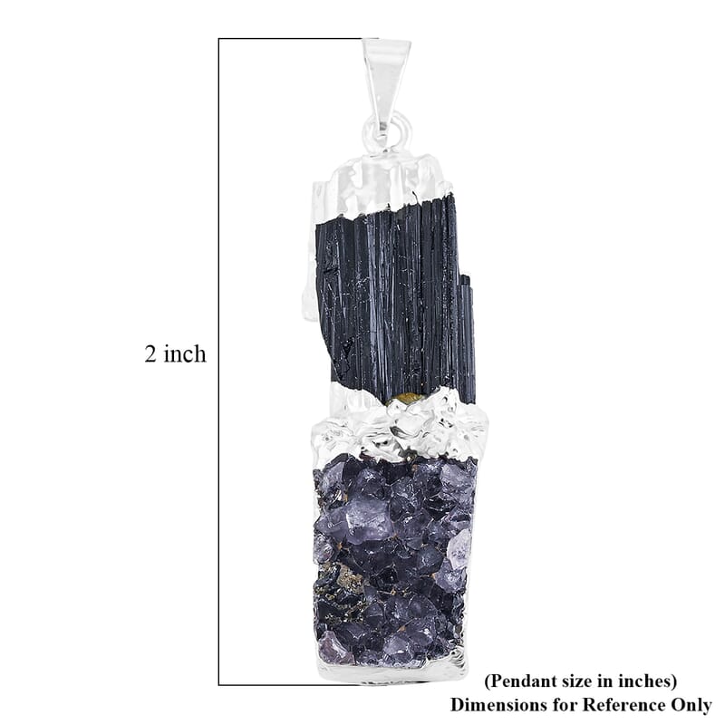 Black Tourmaline and Amethyst 28.00 ctw Drusy Pendant in Silvertone with Stainless Steel Necklace (20 Inches)