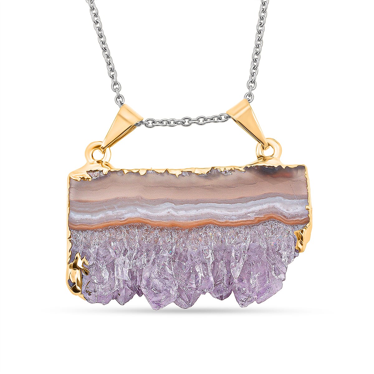 Horizontal Amethyst Double Bail Fashion Pendant in Goldtone with Stainless Steel Necklace (20 Inches) 38.00 ctw