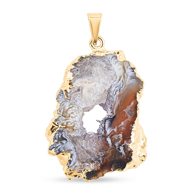 Geode Slice Quartz 36.00 ctw Pendant in Goldtone with Stainless Steel Necklace (20 Inches)
