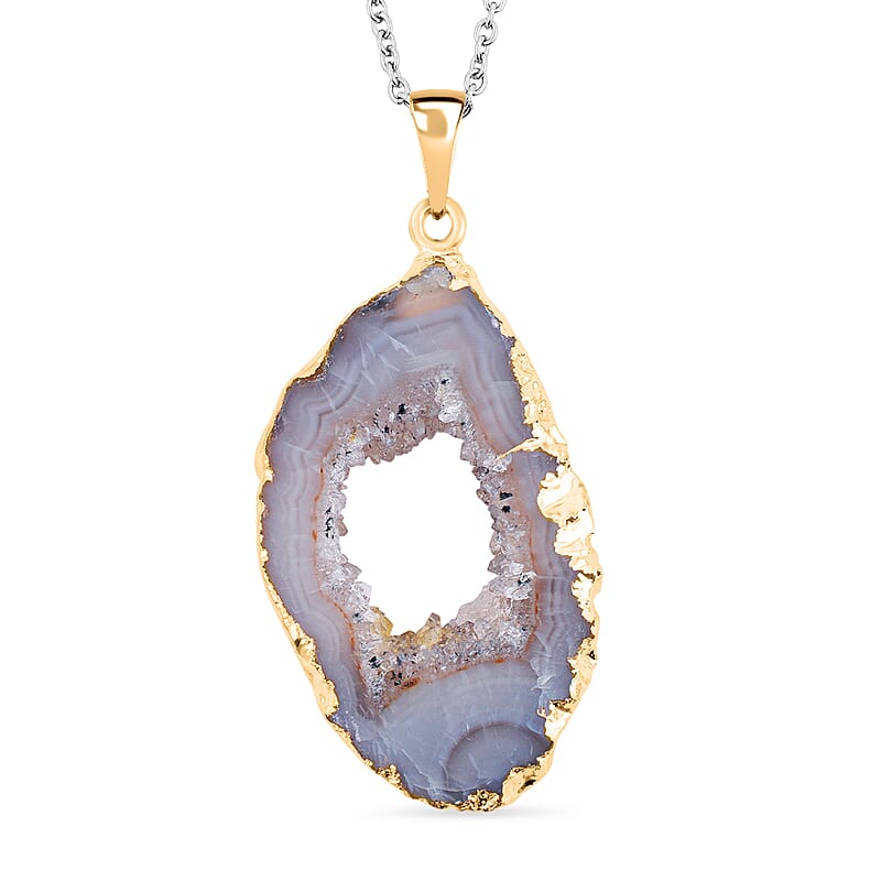 Geode Slice Quartz 28.00 ctw Pendant in Goldtone with Stainless Steel Necklace (20 Inches)