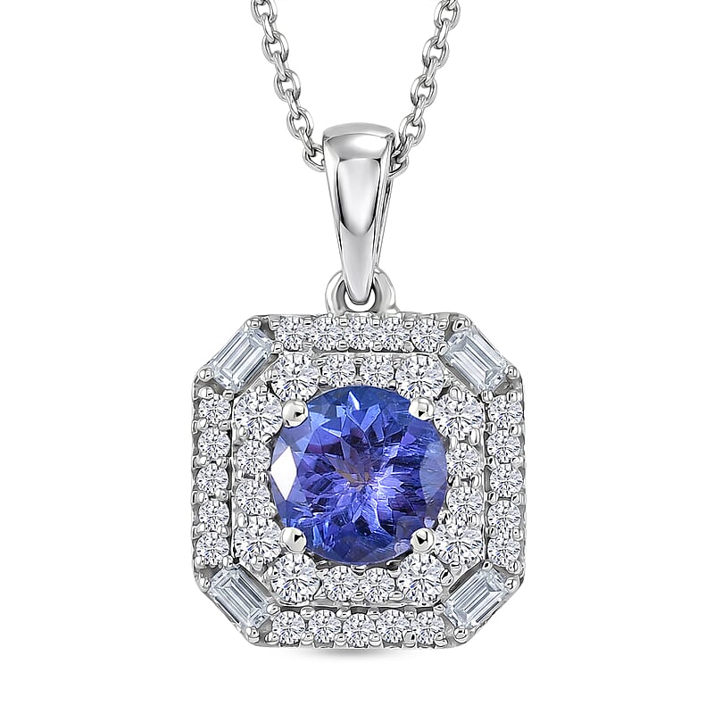 Certified & Appraised D'Joy Tanzanite and Moissanite 1.75 ctw Pendant Necklace in Rhodium Over Sterling Silver 20 Inches