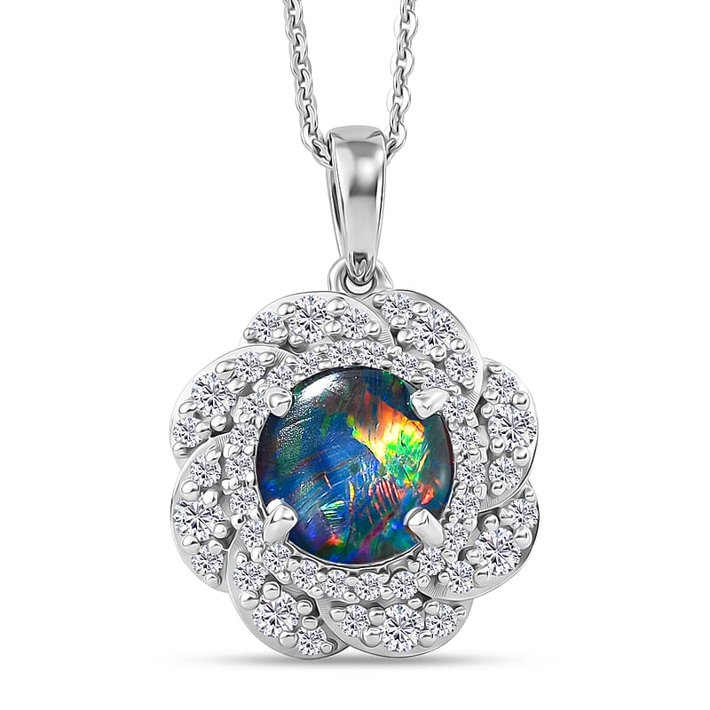 Certified & Appraised D'Joy Premium Australian Black Ridge Opal Triplet and Moissanite 2.00 ctw Pendant Necklace in Rhodium Over Sterling Silver 20 Inches