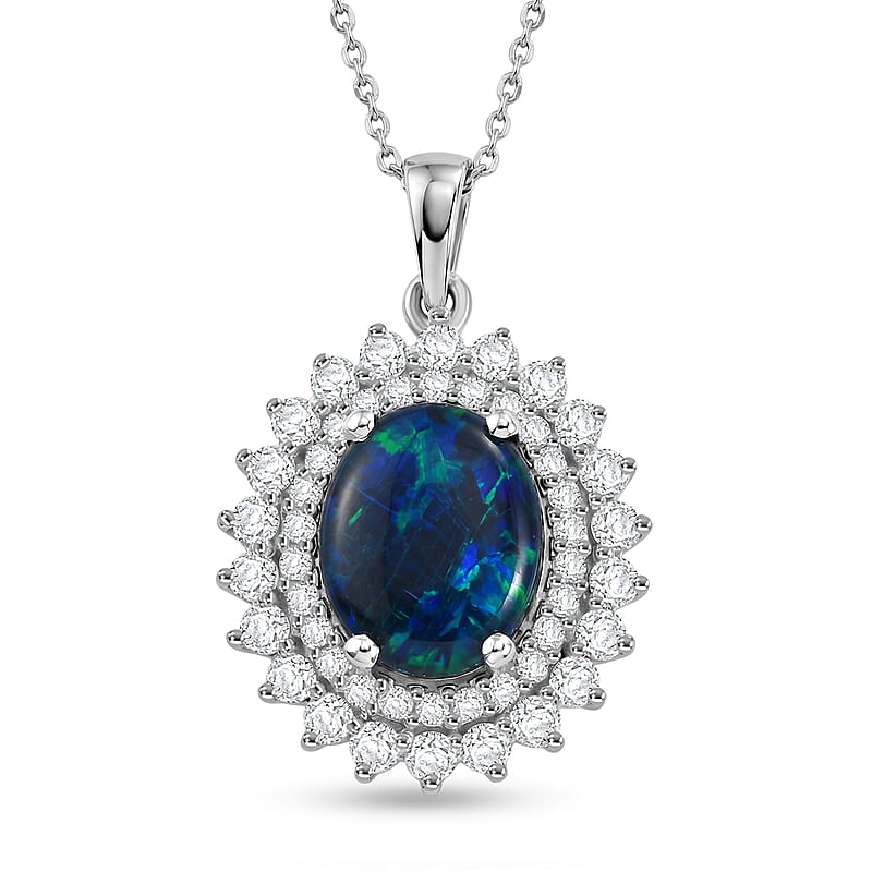Certified & Appraised D'Joy Premium Australian Opal Triplet and Moissanite 3.10 ctw Pendant Necklace in Rhodium Over Sterling Silver 20 Inches