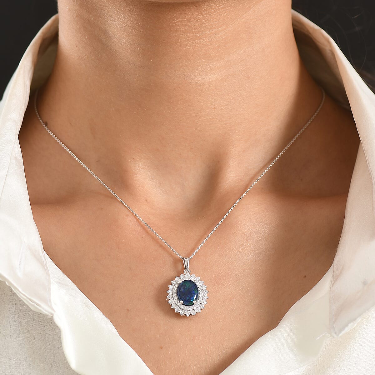 Certified & Appraised D'Joy Premium Australian Opal Triplet and Moissanite 3.10 ctw Pendant Necklace in Rhodium Over Sterling Silver 20 Inches  image number 2