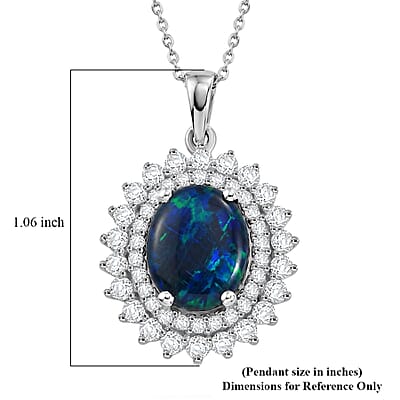 Certified & Appraised D'Joy Premium Australian Opal Triplet and Moissanite 3.10 ctw Pendant Necklace in Rhodium Over Sterling Silver 20 Inches