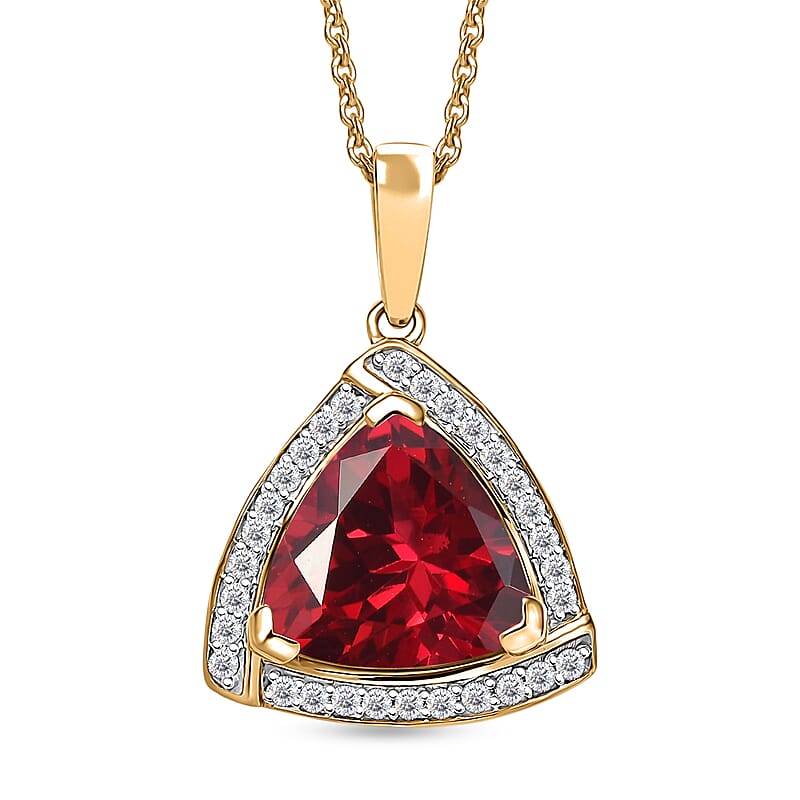 D'Joy Lab Grown Padparadscha Sapphire and Moissanite Pendant Necklace in 18K Vermeil Yellow Gold Over Sterling Silver 20 Inches 4.00 ctw