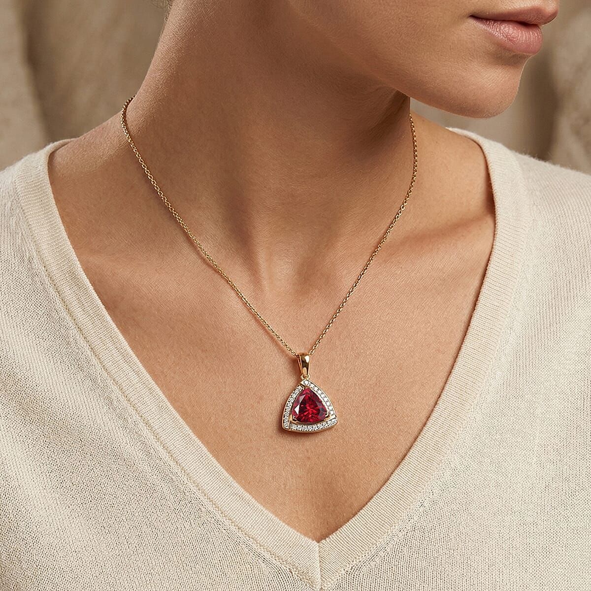 D'Joy Lab Grown Padparadscha Sapphire and Moissanite Pendant Necklace in 18K Vermeil Yellow Gold Over Sterling Silver 20 Inches 4.00 ctw image number 2