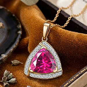 D'Joy Lab Grown Pink Sapphire and Moissanite 4.00 ctw Pendant Necklace in 18K Vermeil Yellow Gold Over Sterling Silver 20 Inches