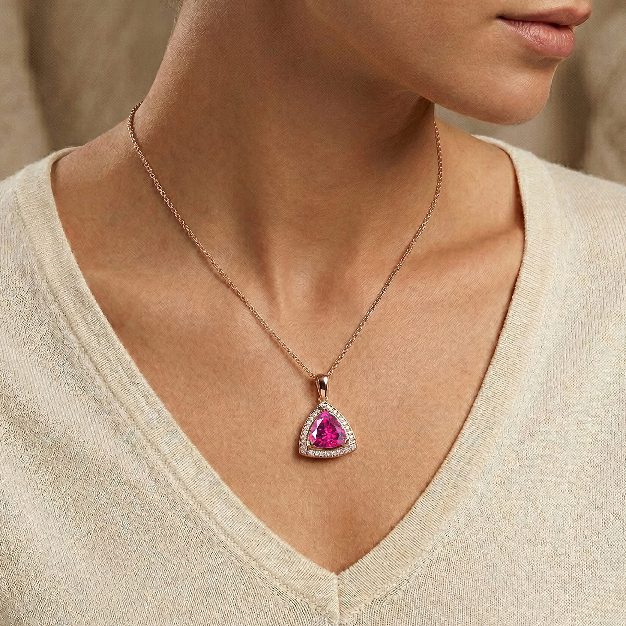 D'Joy Lab Grown Pink Sapphire and Moissanite 4.00 ctw Pendant Necklace in 18K Vermeil Rose Gold Over Sterling Silver 20 Inches