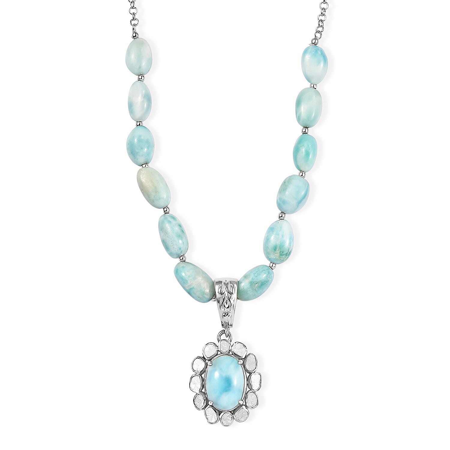 D'Joy AAA Larimar and Diamond 63.00 ctw Ocean Glow Halo Pendant Necklace in Rhodium Over Sterling Silver 20 Inches