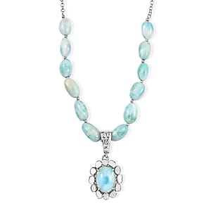 AAA Larimar and Diamond 63.00 ctw Ocean Glow Halo Pendant Necklace in Rhodium Over Sterling Silver 20 Inches (Ships. in 8-10 Days)