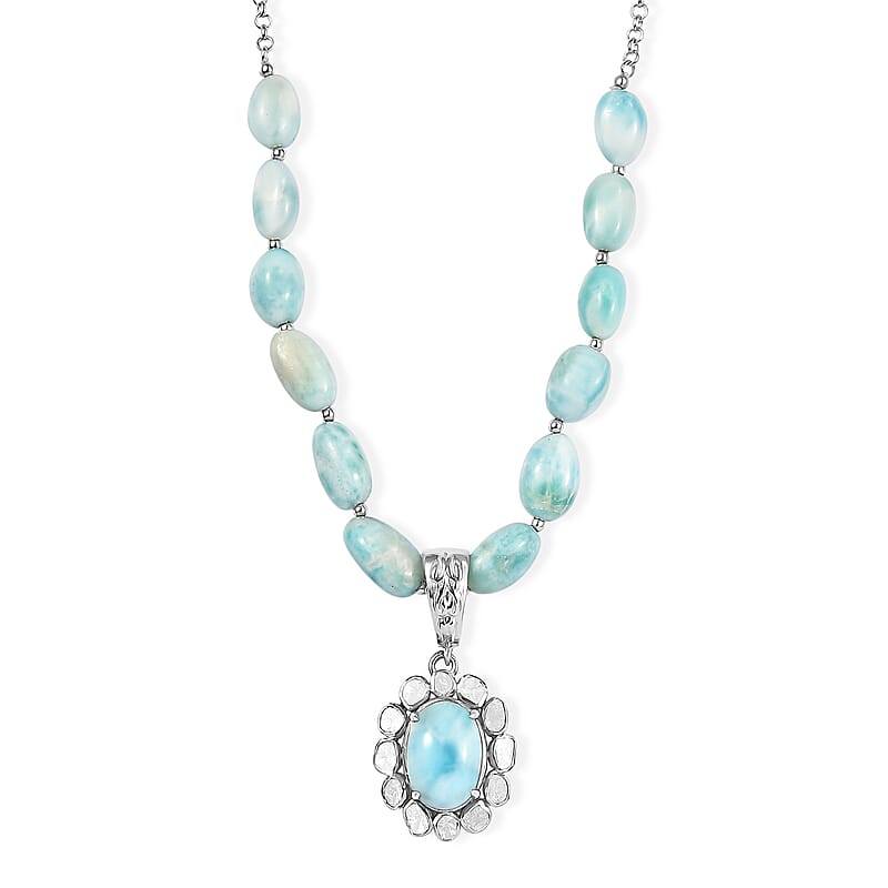 D'Joy AAA Larimar and Diamond 63.00 ctw Ocean Glow Halo Pendant Necklace in Rhodium Over Sterling Silver 20 Inches