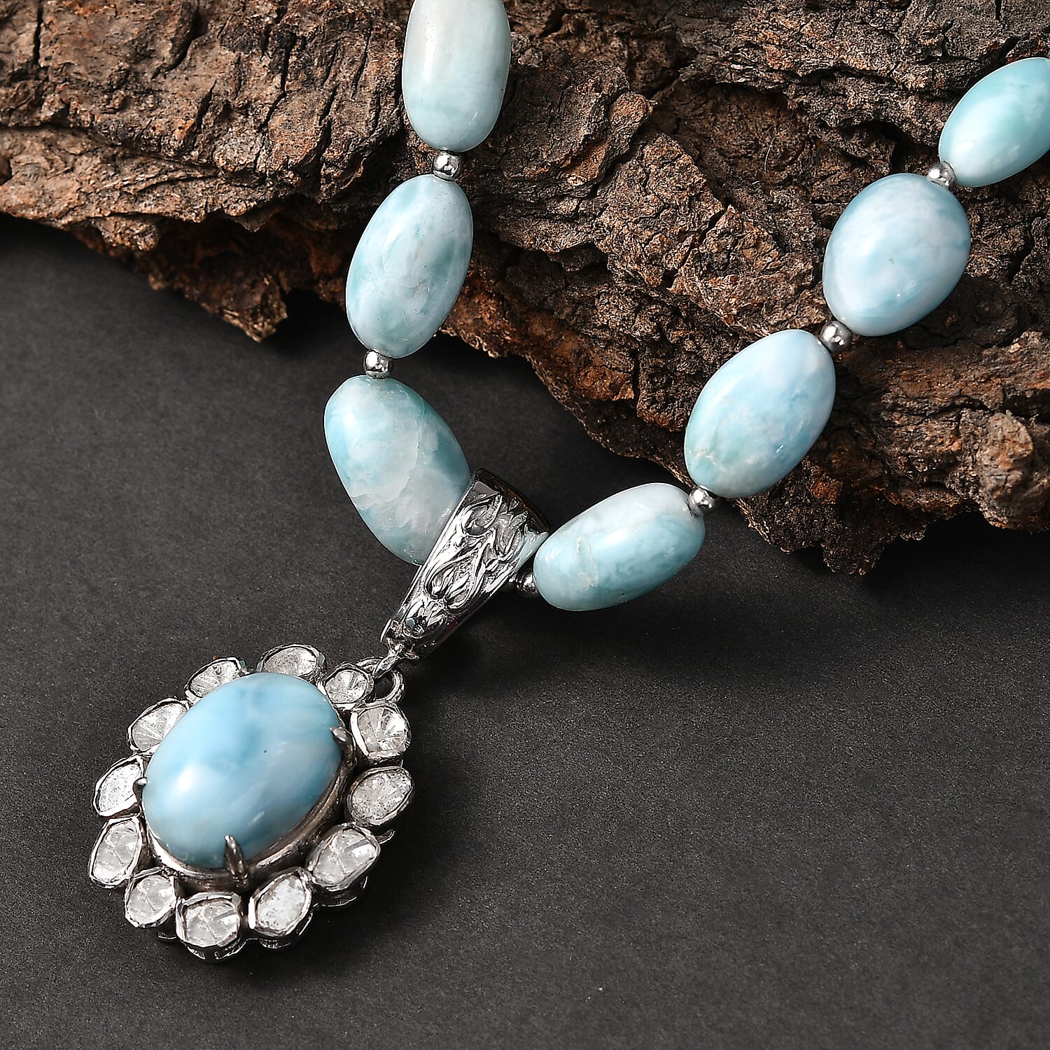 D'Joy AAA Larimar and Diamond 63.00 ctw Ocean Glow Halo Pendant Necklace in Rhodium Over Sterling Silver 20 Inches