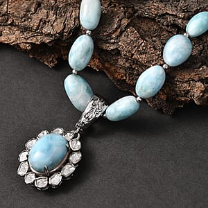 AAA Larimar and Diamond 63.00 ctw Ocean Glow Halo Pendant Necklace in Rhodium Over Sterling Silver 20 Inches (Ships. in 8-10 Days)