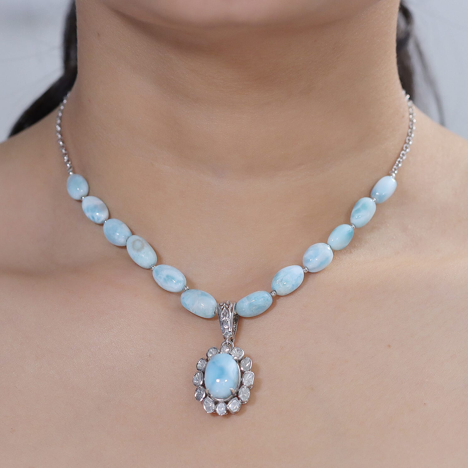 D'Joy AAA Larimar and Diamond 63.00 ctw Ocean Glow Halo Pendant Necklace in Rhodium Over Sterling Silver 20 Inches