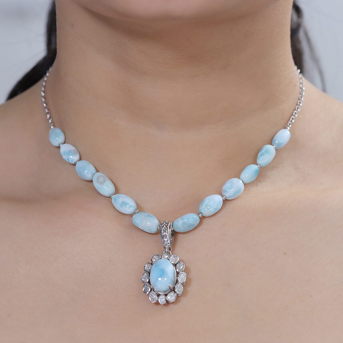 D'Joy AAA Larimar and Diamond 63.00 ctw Ocean Glow Halo Pendant Necklace in Rhodium Over Sterling Silver 20 Inches (Ships. in 8-10 Days) image number 2