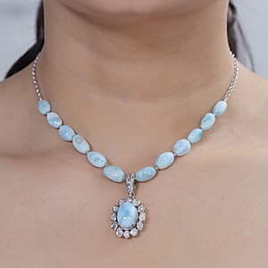 AAA Larimar and Diamond 63.00 ctw Ocean Glow Halo Pendant Necklace in Rhodium Over Sterling Silver 20 Inches (Ships. in 8-10 Days)
