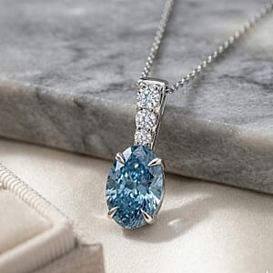 Luxuriant Lab Grown Blue Diamond (IR) and Lab Grown Diamond (VS) Pendant Necklace (20 Inches) in Rhodium Over Sterling Silver 3.00 ctw