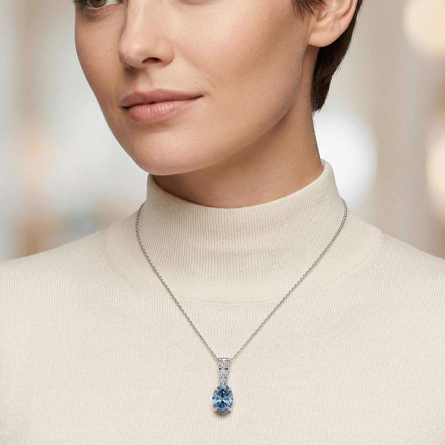 Luxuriant Lab Grown Blue Diamond (IR) and Lab Grown Diamond VS 3.00 ctw Pendant Necklace in Rhodium Over Sterling Silver 20 Inches