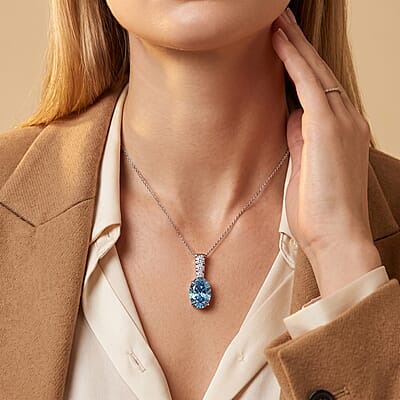 Luxuriant Lab Grown Blue Diamond (IR) and Lab Grown Diamond VS 3.00 ctw Pendant Necklace in Rhodium Over Sterling Silver 20 Inches