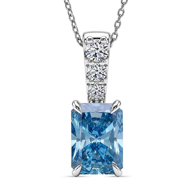 Luxuriant Lab Grown Blue Diamond (IR) and Lab Grown Diamond VS 3.00 ctw Pendant Necklace in Rhodium Over Sterling Silver 20 Inches