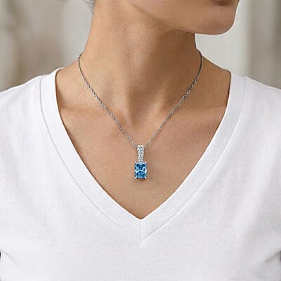 Luxuriant Lab Grown Blue Diamond (IR) and Lab Grown Diamond VS 3.00 ctw Pendant Necklace in Rhodium Over Sterling Silver 20 Inches