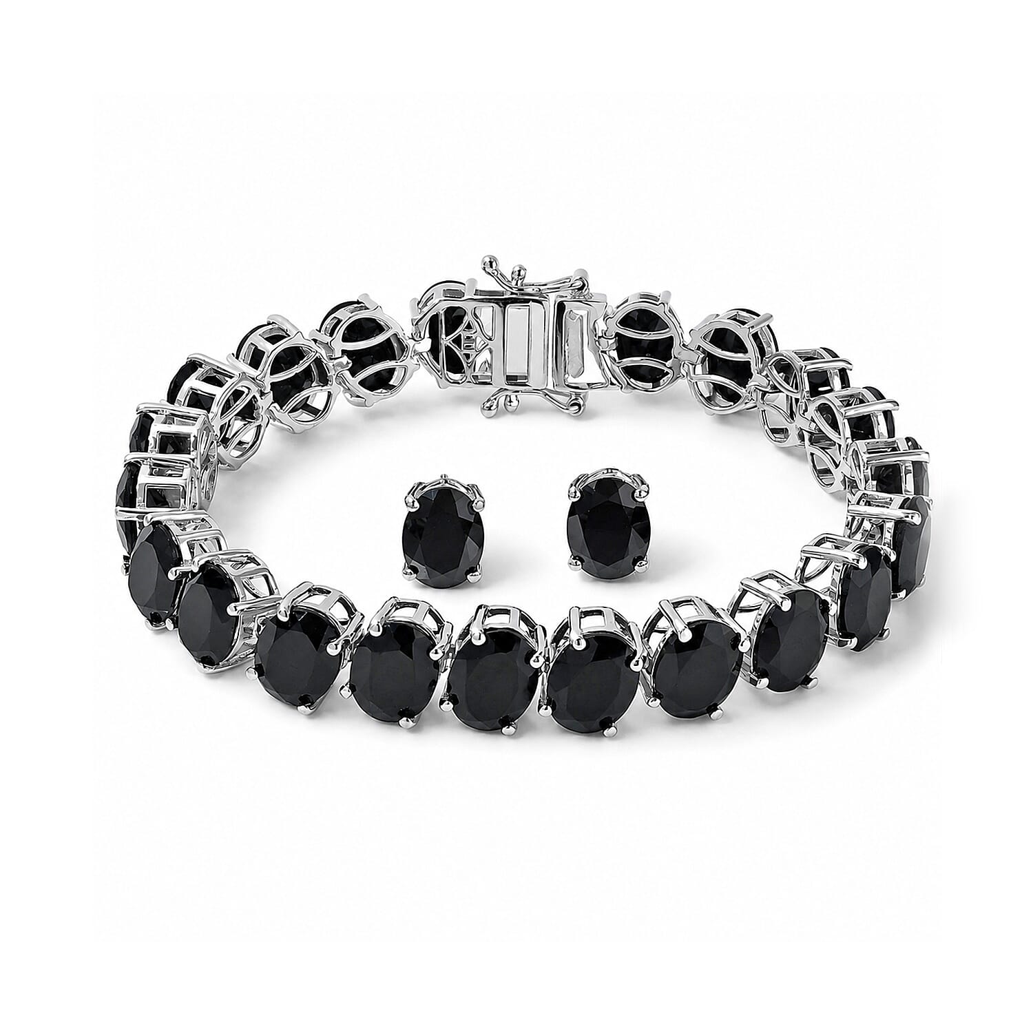EverTrue Thai Black Spinel 52.30 ctw Bracelet (6.50In) and Solitaire Stud Earrings in Platinum Bond