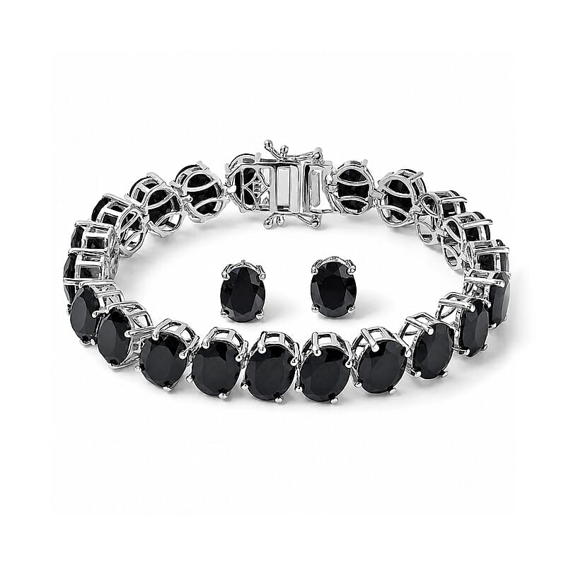 EverTrue Thai Black Spinel 52.30 ctw Bracelet (6.50In) and Solitaire Stud Earrings in Platinum Bond