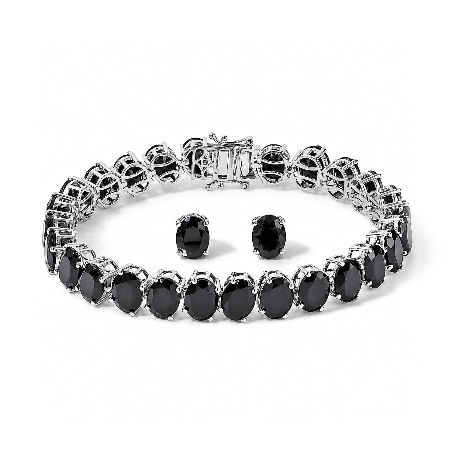 EverTrue Thai Black Spinel 63.80 ctw Bracelet (8.0In) and Solitaire Stud Earrings in Platinum Bond