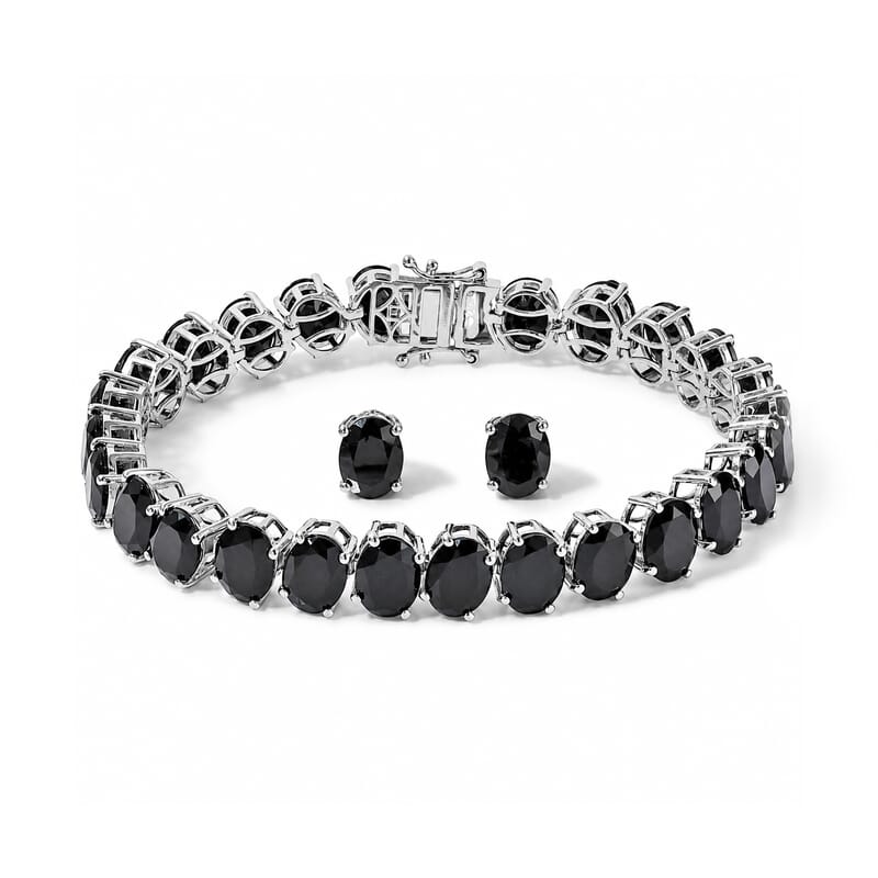 EverTrue Thai Black Spinel 63.80 ctw Bracelet (8.0In) and Solitaire Stud Earrings in Platinum Bond