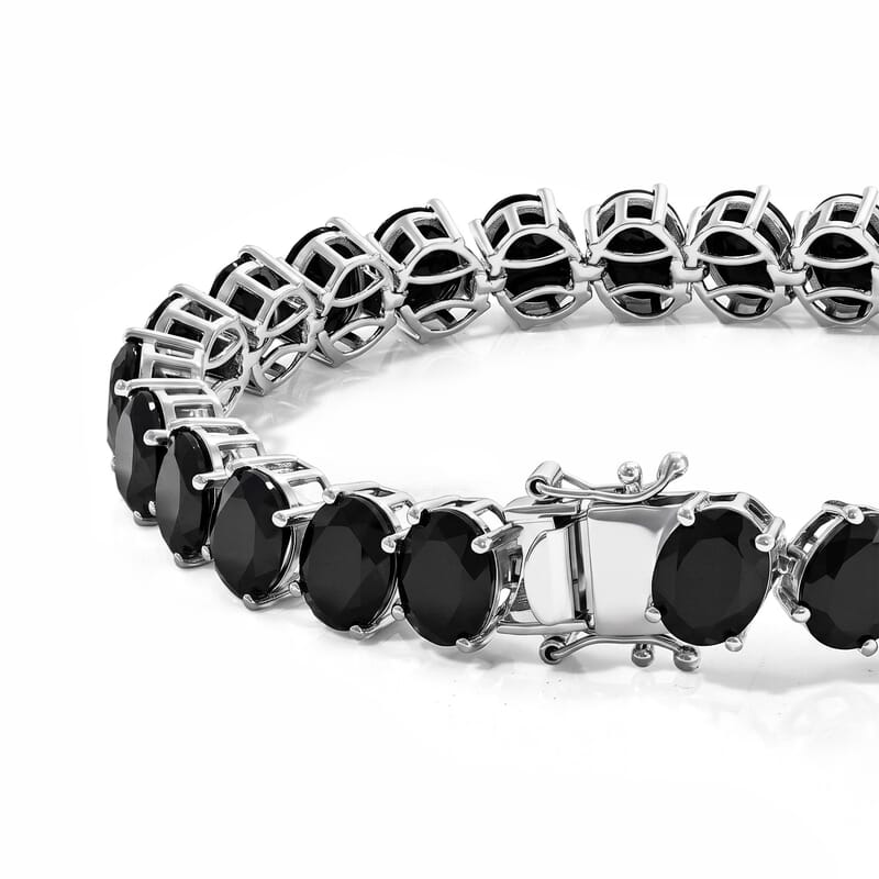 EverTrue Thai Black Spinel 63.80 ctw Bracelet (8.0In) and Solitaire Stud Earrings in Platinum Bond