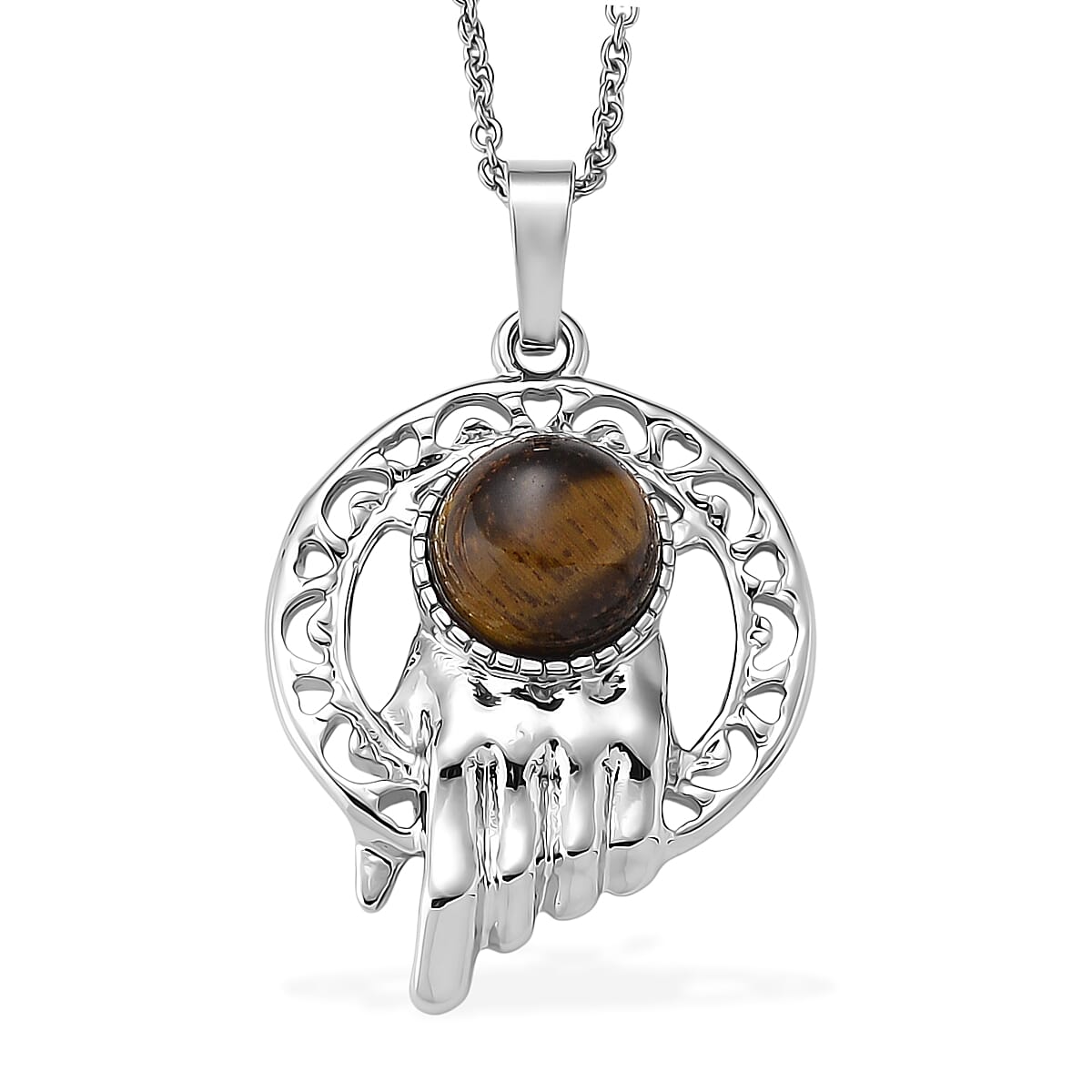 Yellow Tigers Eye 10.00 ctw Pendant in Silvertone with Stainless Steel Necklace 20 Inches