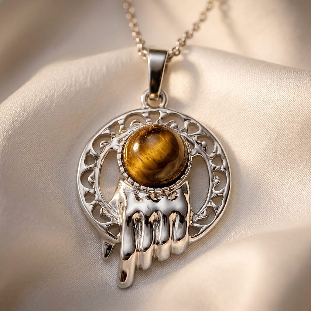 Yellow Tigers Eye 10.00 ctw Pendant in Silvertone with Stainless Steel Necklace 20 Inches