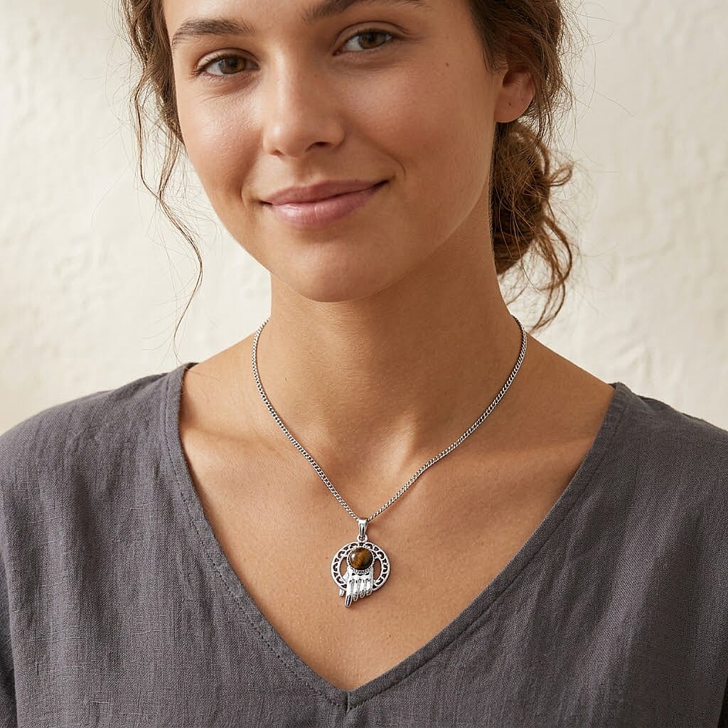 Yellow Tigers Eye 10.00 ctw Pendant in Silvertone with Stainless Steel Necklace 20 Inches