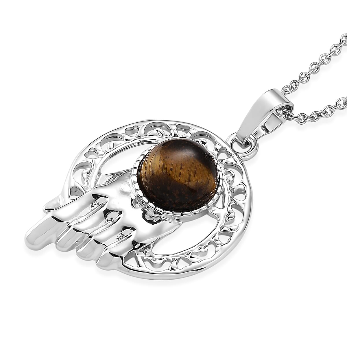 Yellow Tigers Eye 10.00 ctw Pendant in Silvertone with Stainless Steel Necklace 20 Inches