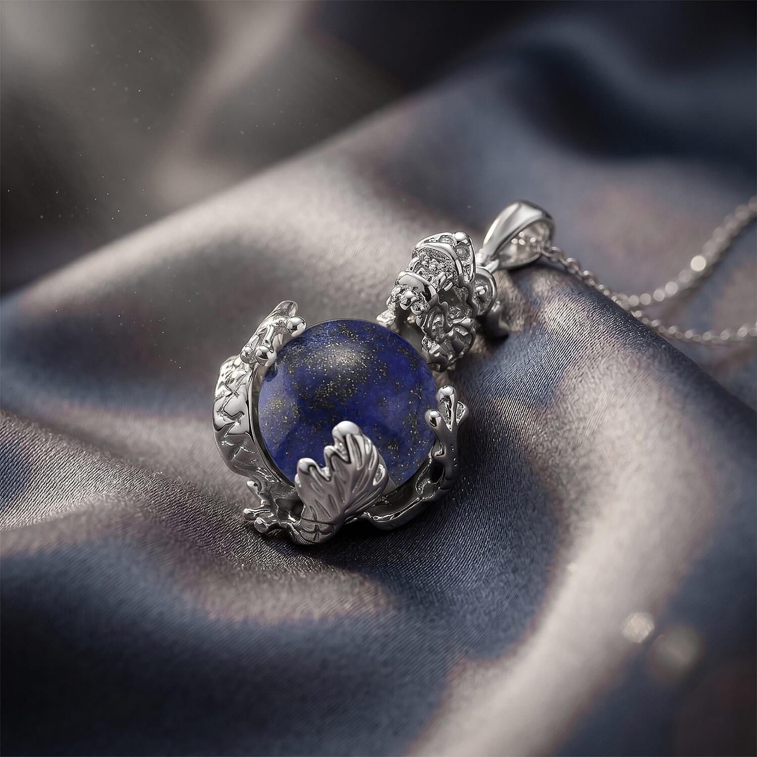 Lapis Lazuli 45.00 ctw Pendant in Silvertone with Stainless Steel Necklace 20 Inches