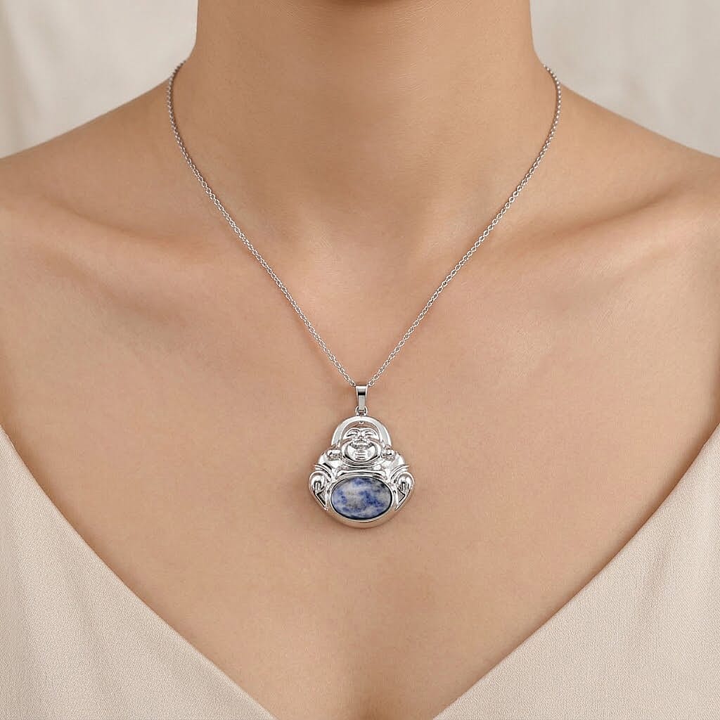 Blue Sodalite 20.00 ctw Pendant in Silvertone with Stainless Steel Necklace 20 Inches