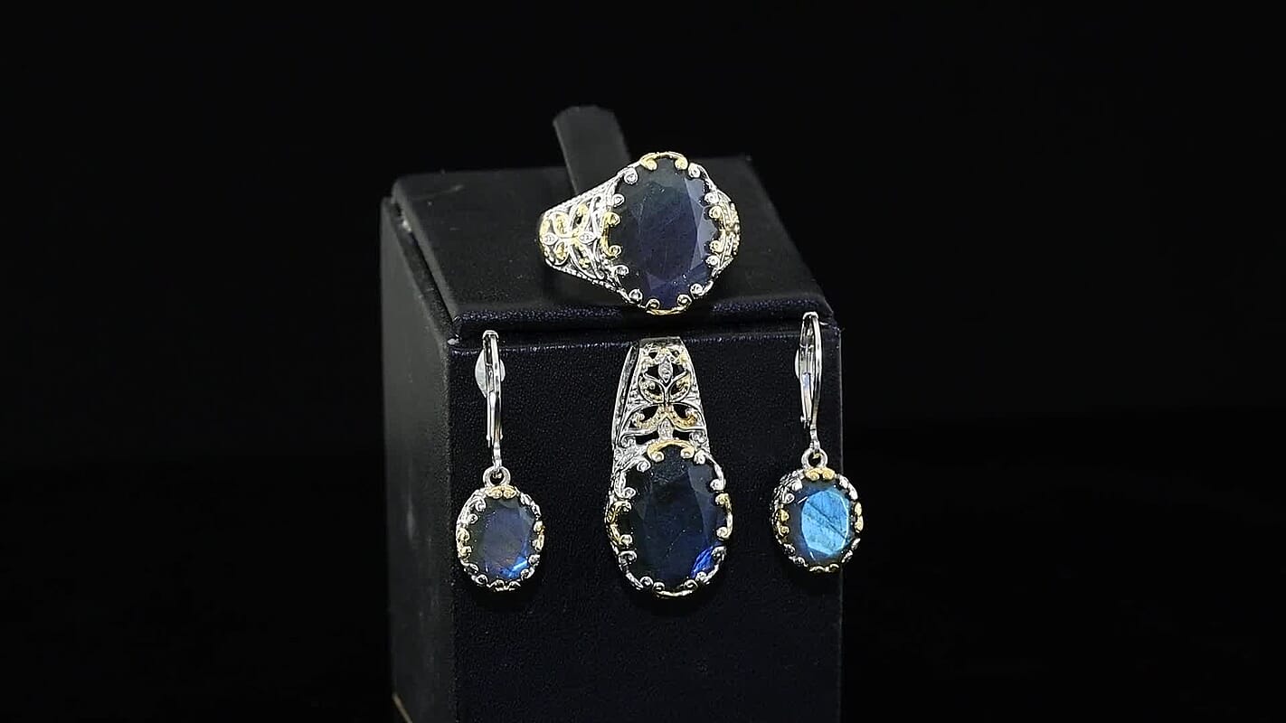EverTrue Malagasy Labradorite Earrings, Ring (Size 5.0) and Pendant without Chain in 18K YG Plated and Platinum Bond 20.30 ctw