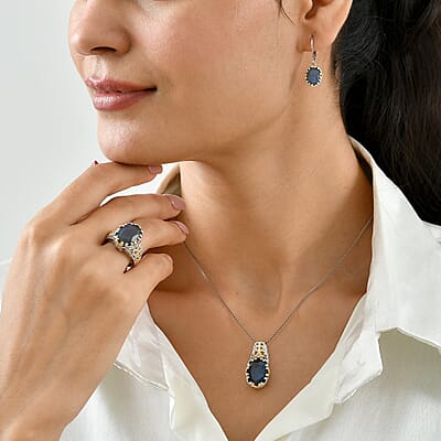 EverTrue Malagasy Labradorite 20.30 ctw Earrings, Ring (Size 5.0) and Pendant without Chain in 18K YG Plated and Platinum Bond