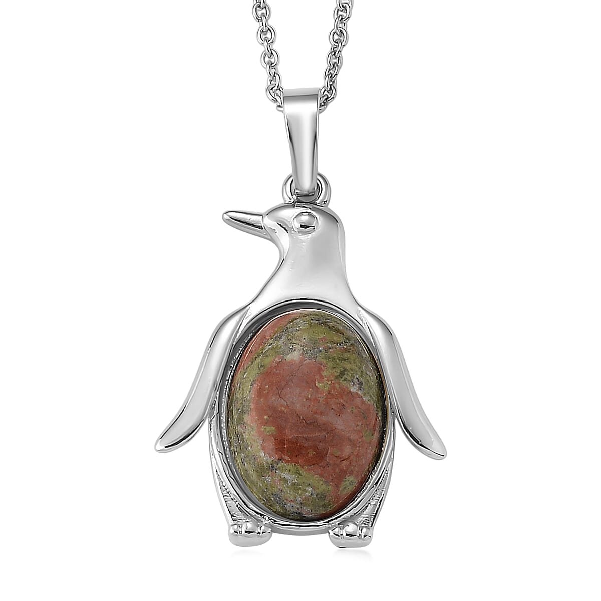 Unakite 15.00 ctw Pendant in Silvertone with Stainless Steel Necklace 20 Inches