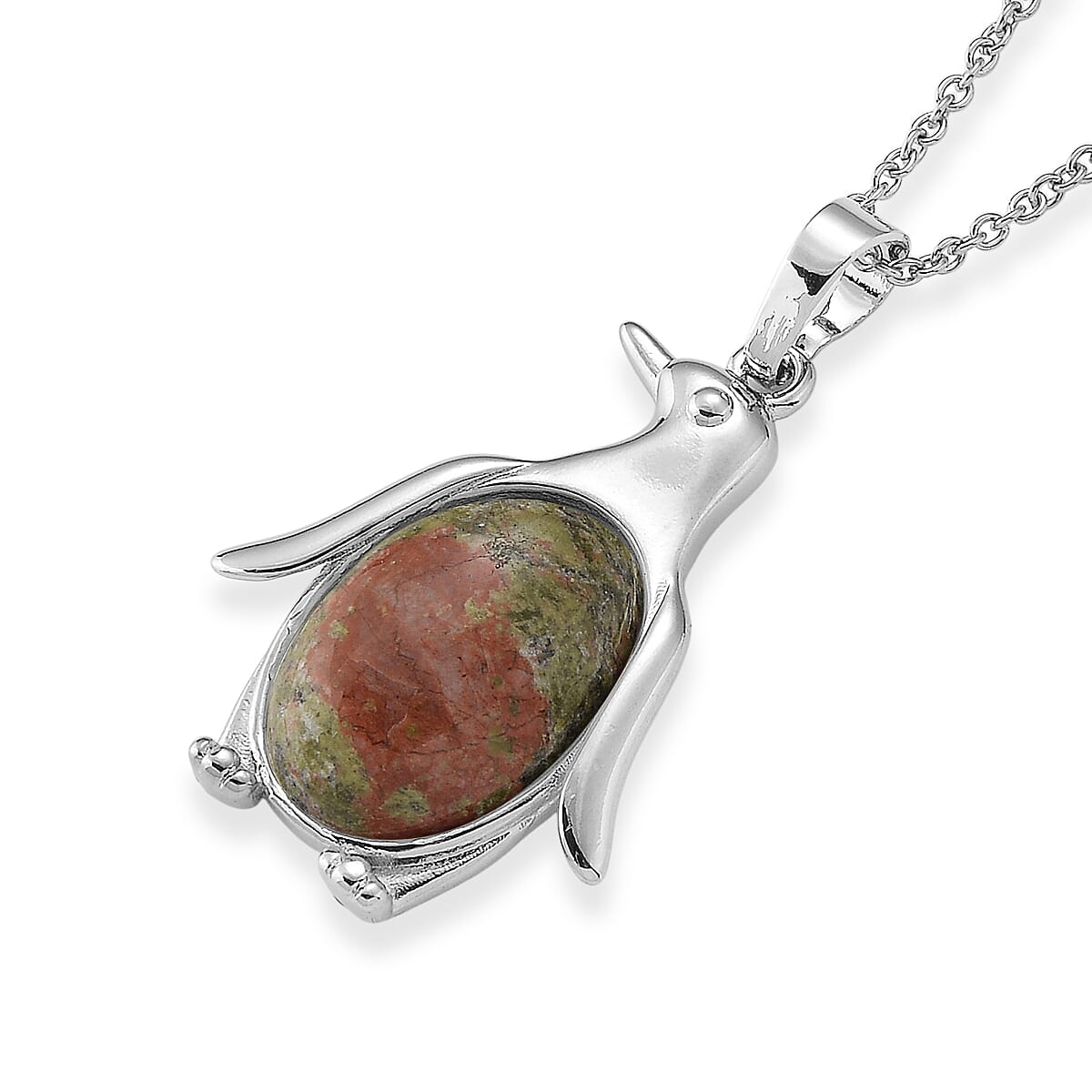 Unakite 15.00 ctw Pendant in Silvertone with Stainless Steel Necklace 20 Inches