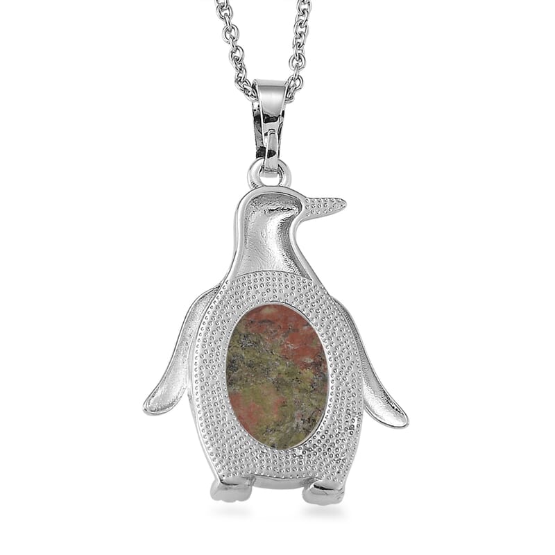 Unakite 15.00 ctw Pendant in Silvertone with Stainless Steel Necklace 20 Inches